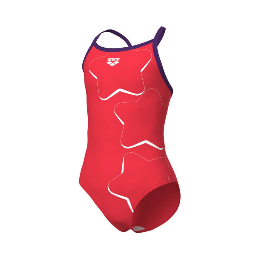 ARENA Star Graphic Lightdrop Back Bright Coral Plum meiteņu peldkostīms